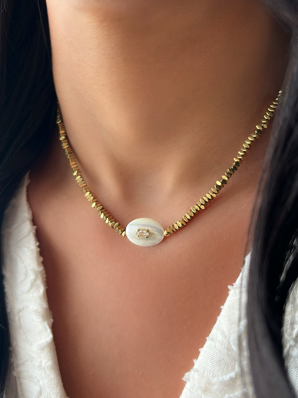 Colar Hematita Com Madrepérola 40cm - Tiff Joias