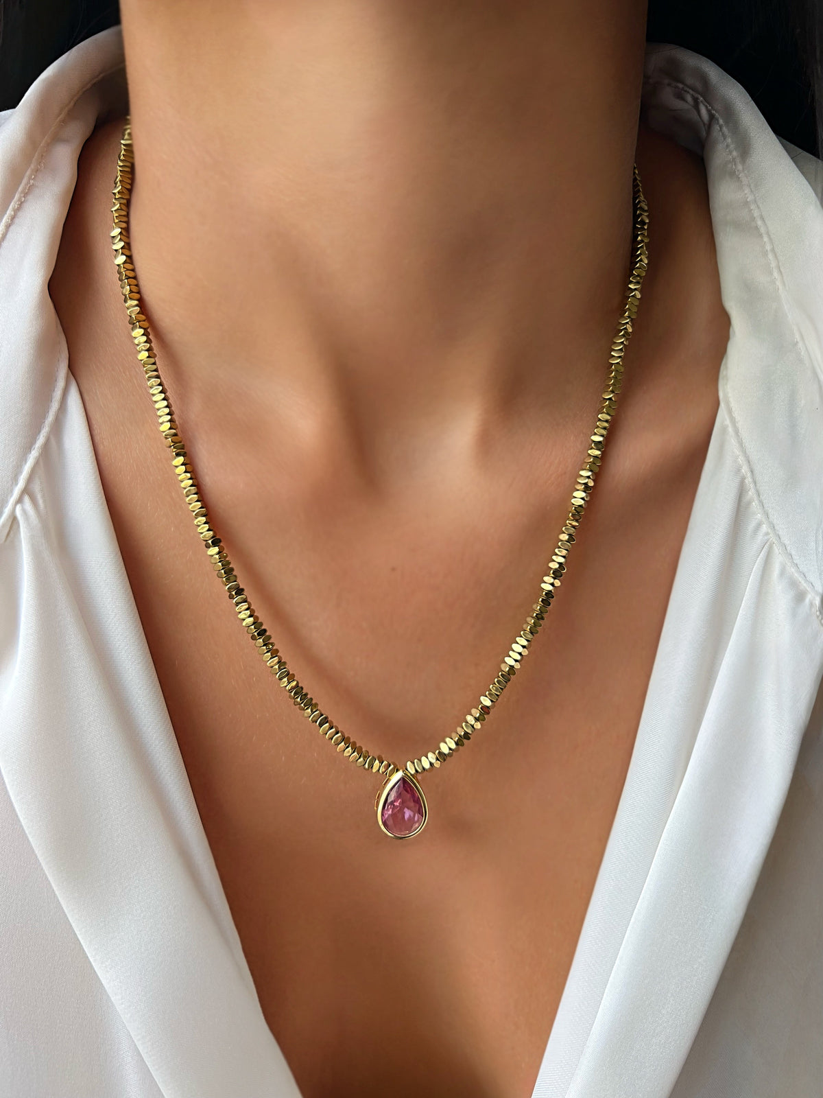 Colar Hematitas Com Gota Cristal Cor Ametista 50cm - Tiff Joias