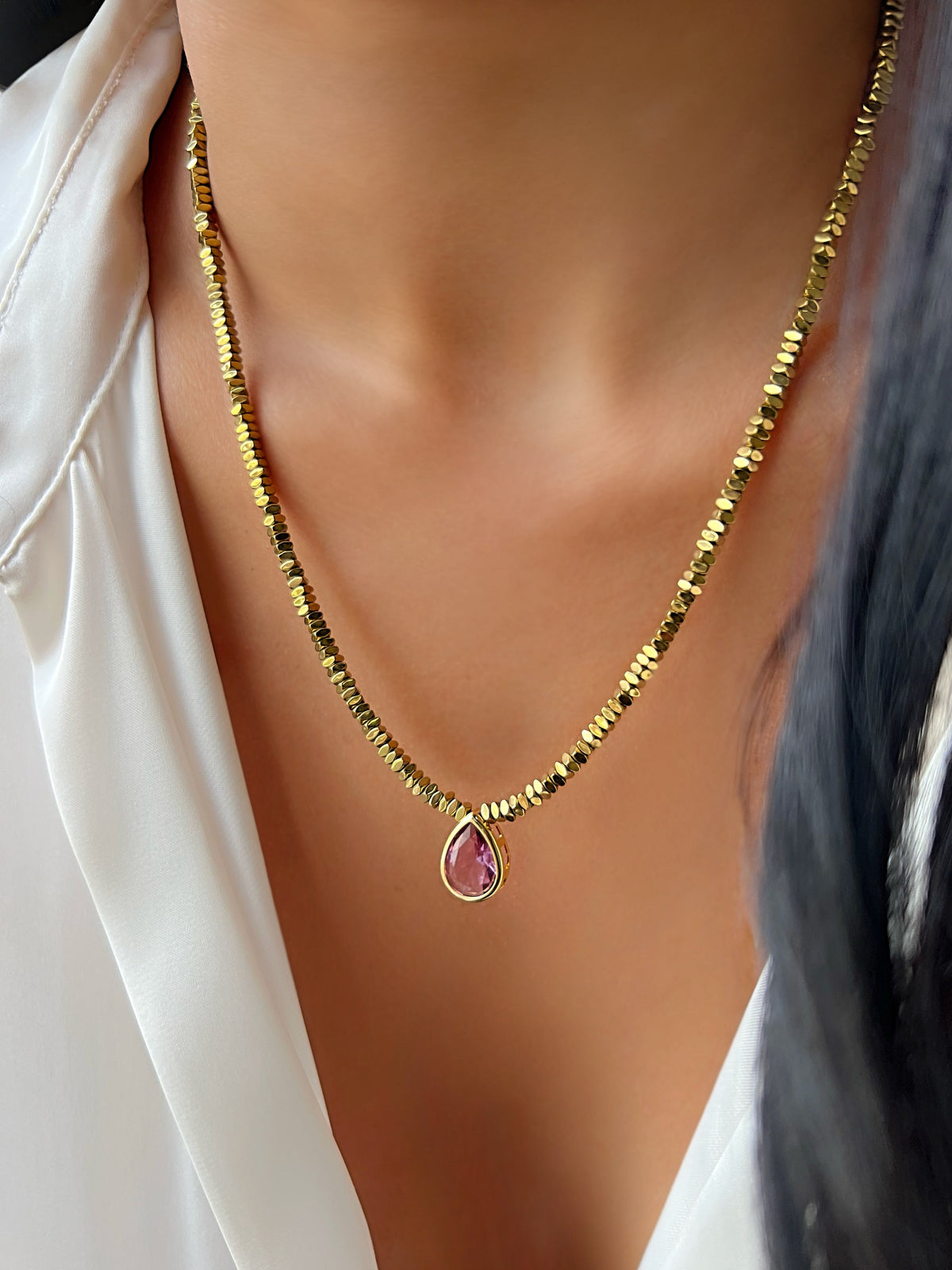 Colar Hematitas Com Gota Cristal Cor Ametista 50cm - Tiff Joias