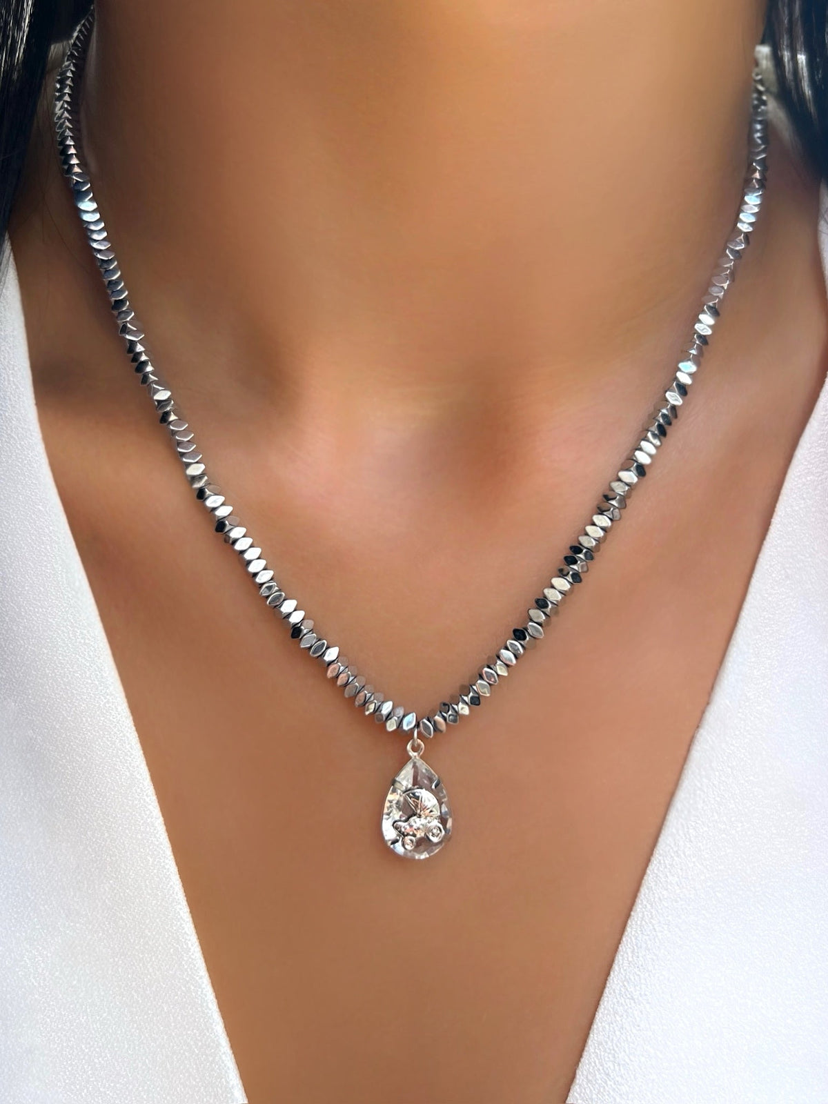 Colar Hematitas Ródio Com Pin Cristal Personalizável 45cm - Tiff Joias