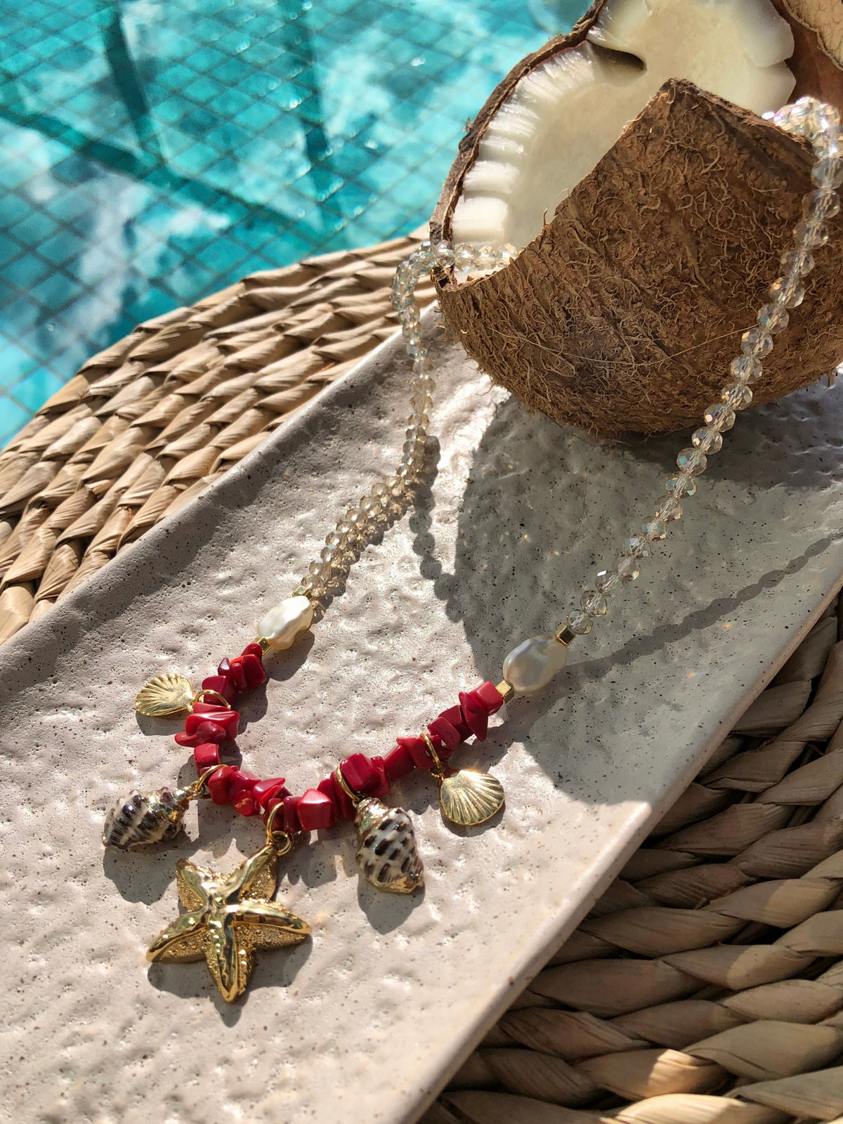 Colar Linha Mar Cascalho Coral e Estrela 45cm - Tiff Joias