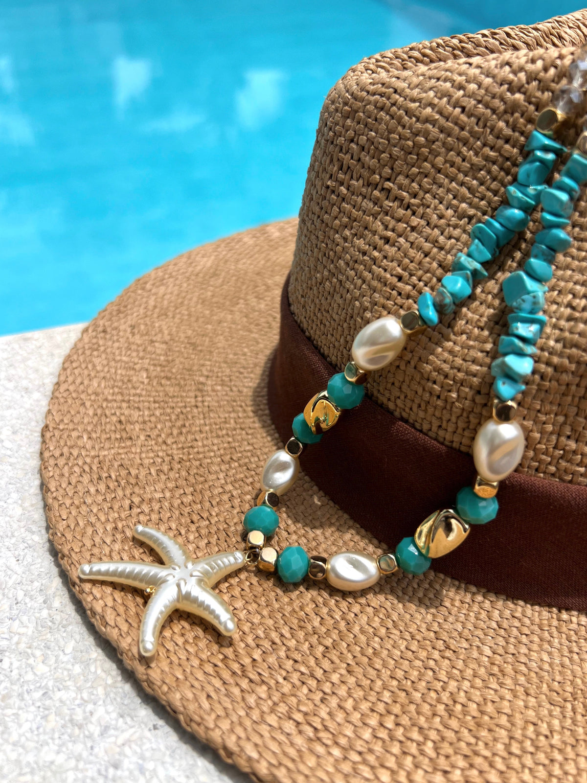 Colar Linha Mar Com Estrela Pérola e Hematitas Com Cascalhos Turquesa 55cm - Tiff Joias