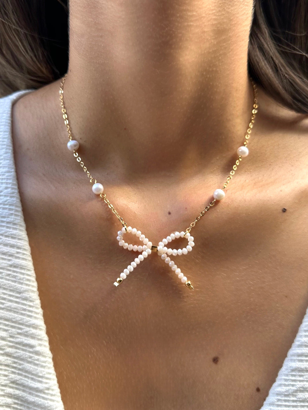 Colar Mini Laço Corrente E Pérolas 40cm - Tiff Joias