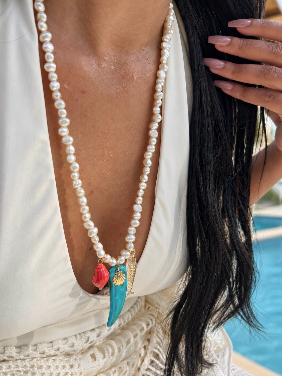 Colar Mini Pérola Barroca Irregular Com Pins Oceano 70cm - Tiff Joias
