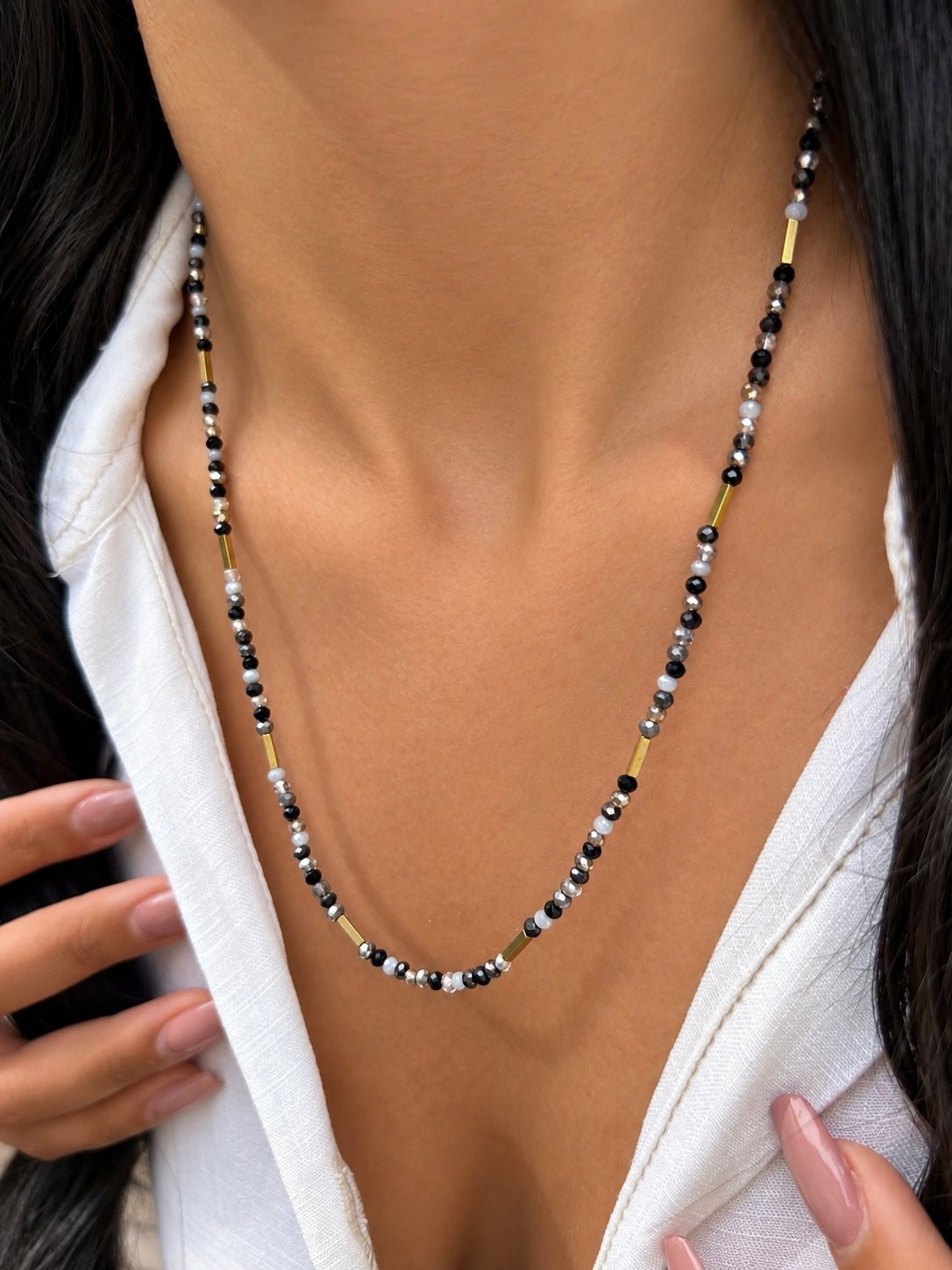 Colar Mix Cristais Tons Grafite Com Detalhes De Hematitas 55cm - Tiff Joias