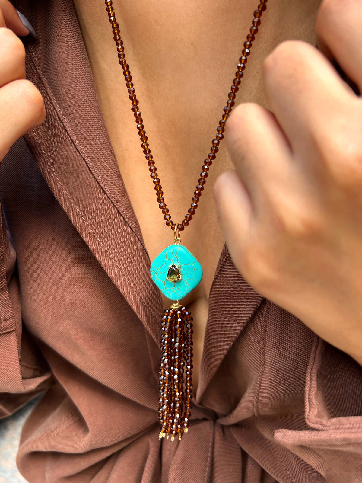 Colar Pedra Turquesa e Franja Tassel 70cm - Tiff Joias