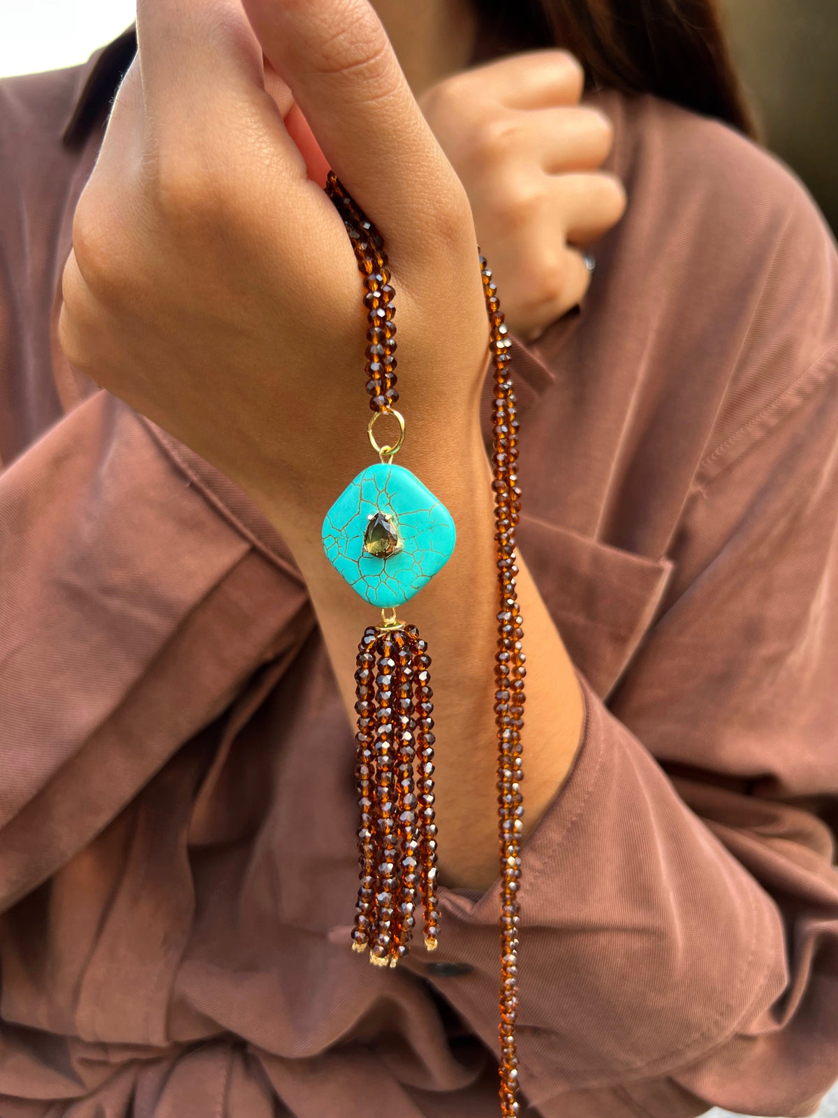Colar Pedra Turquesa e Franja Tassel 70cm - Tiff Joias