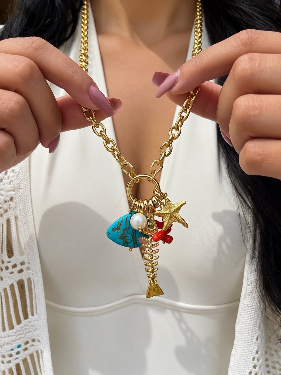 Colar Penca Linha Mar Com Peixe Turquesa 70cm - Tiff Joias