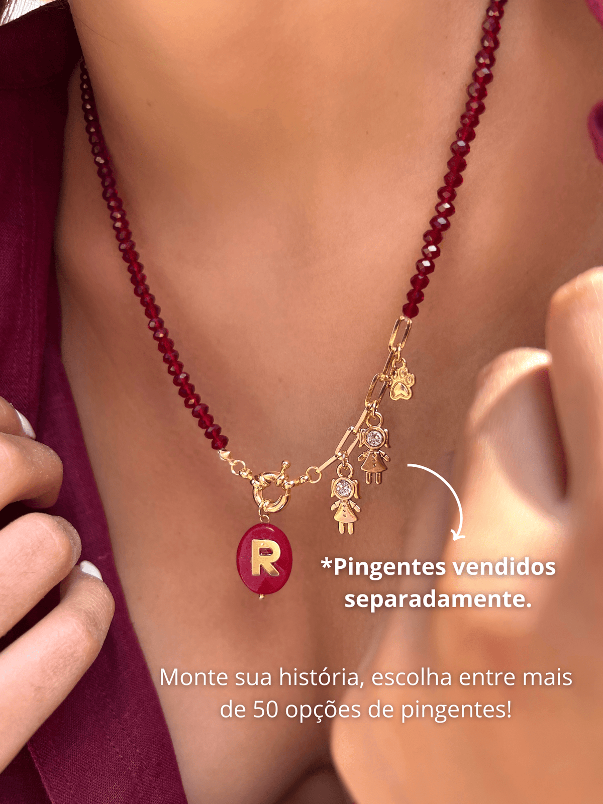 Colar Pins Fixos Com Inicial Jade Rubi 50cm - Tiff Joias