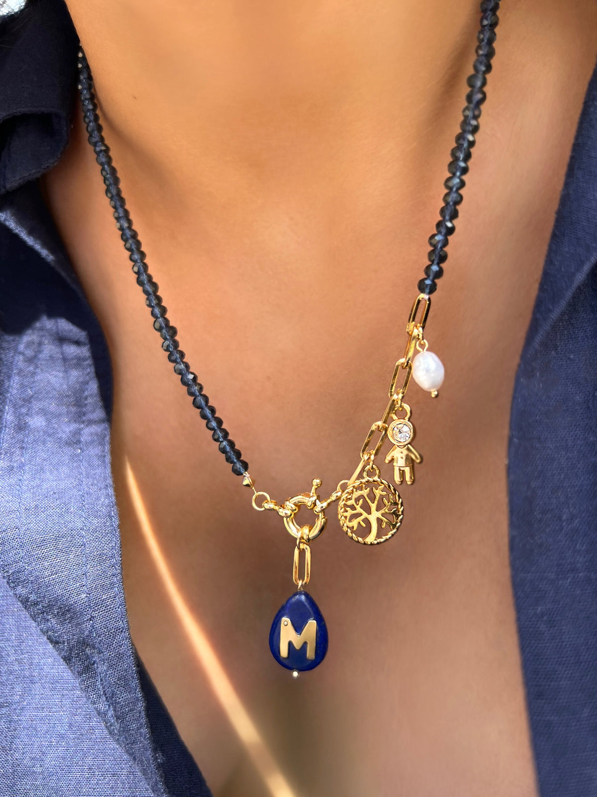 Colar Pins Removíveis Com Inicial Lapis Lazuli 50cm - Tiff Joias