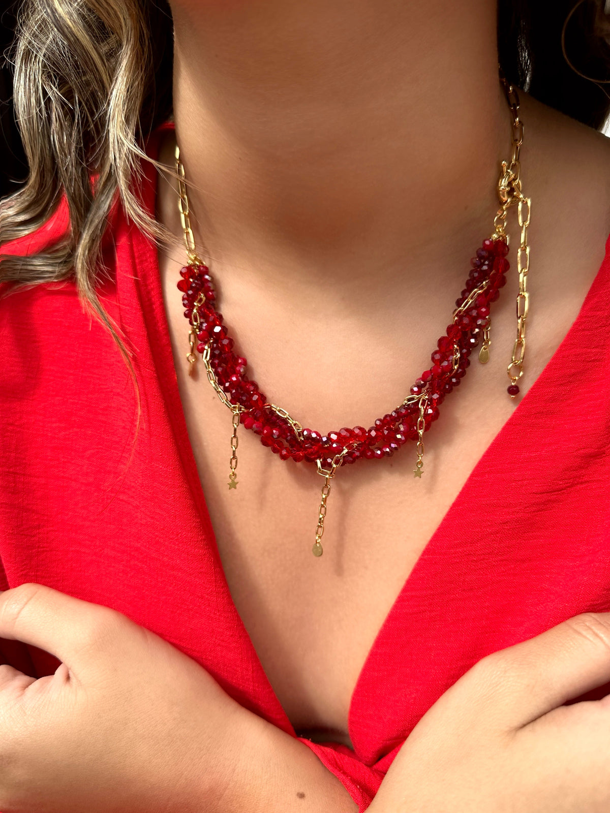 Colar Rebeca New Cristais Vermelho Cherry 55cm - Tiff Joias