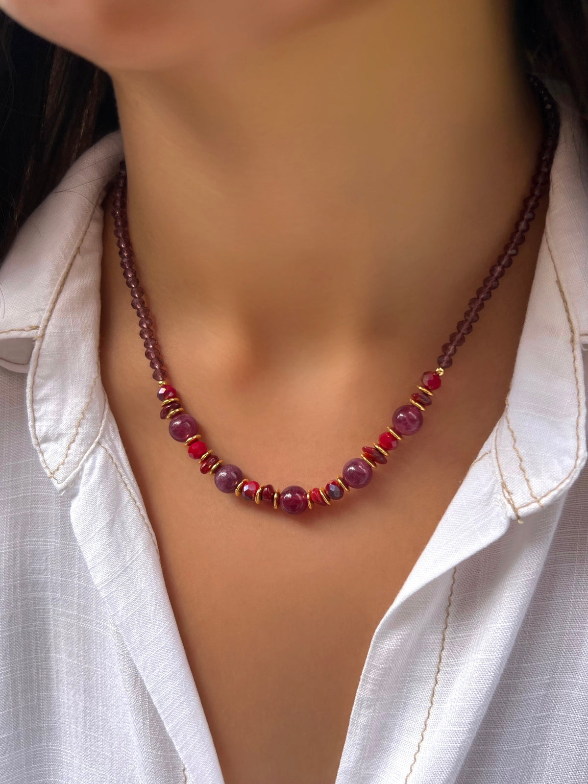 Colar Vermelho e Pedras Naturais 45cm - Tiff Joias