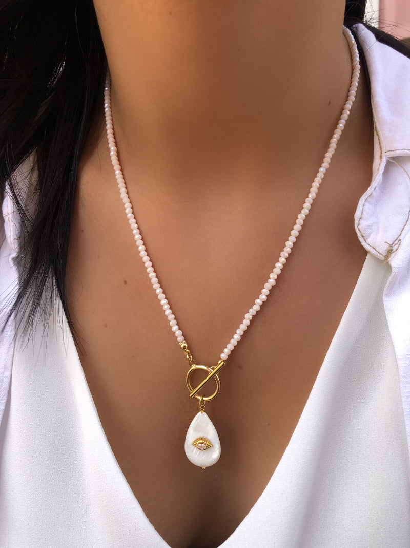 Colar Em Cristais Lapidados Nude E Gota Madreperola 55cm