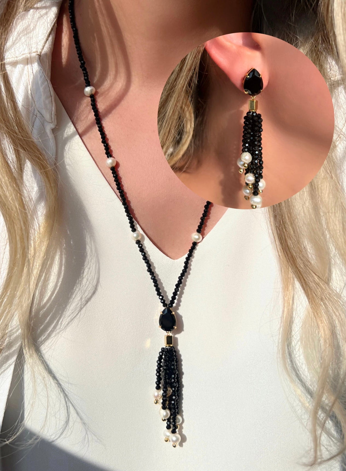 Conjunto Cristais Cor Preto Ônix Com Pérolas De Água Doce E Tassel Com Gota Em Cristal Lapidado - Tiff Joias