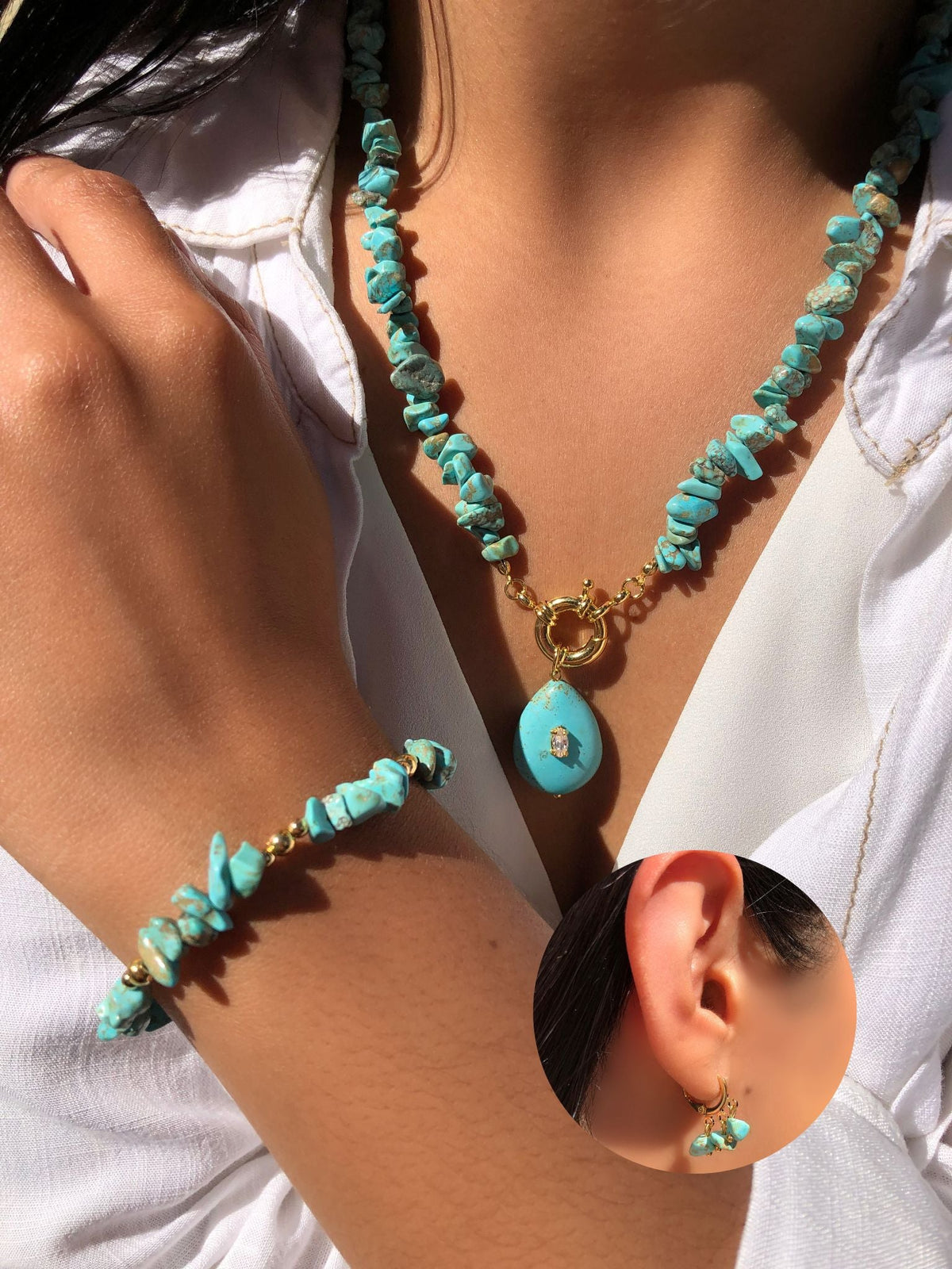 Conjunto De Colares Cascalho Turquesa E Brinco - Tiff Joias