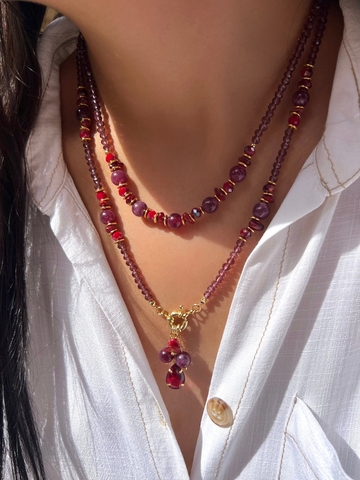 Mix Colares Pedras Naturais e Cachos Cor Vermelho - Tiff Joias