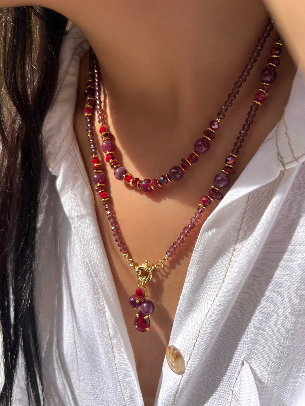 Mix Colares Pedras Naturais e Cachos Cor Vermelho - Tiff Joias