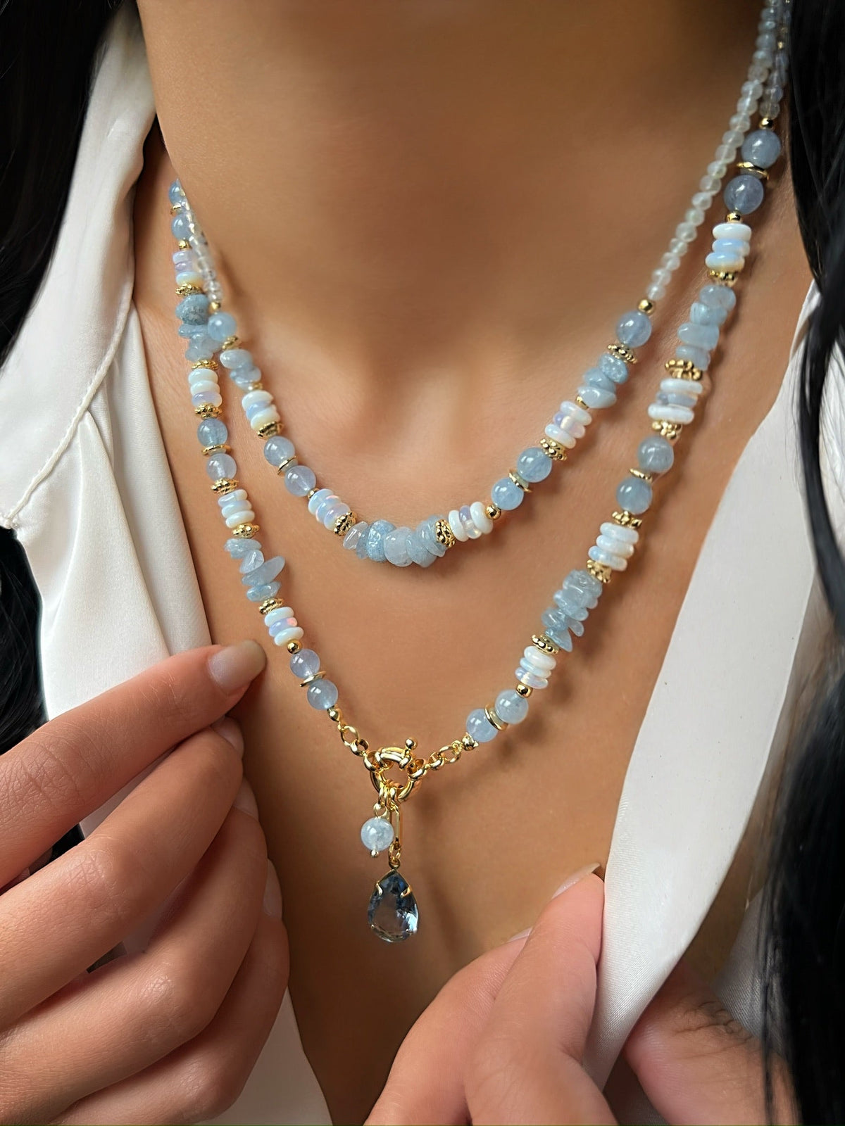Mix De Colares Alice com Pedra Natural Jade Azul - Tiff Joias