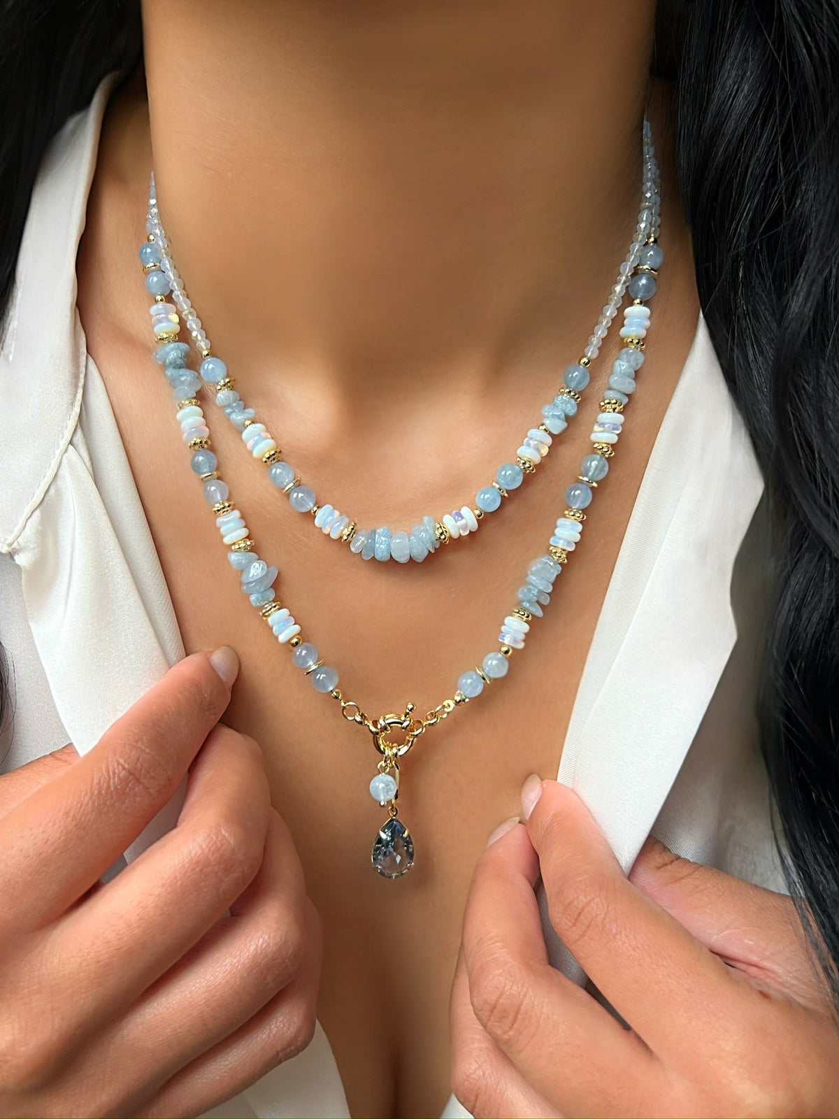Mix De Colares Alice com Pedra Natural Jade Azul - Tiff Joias