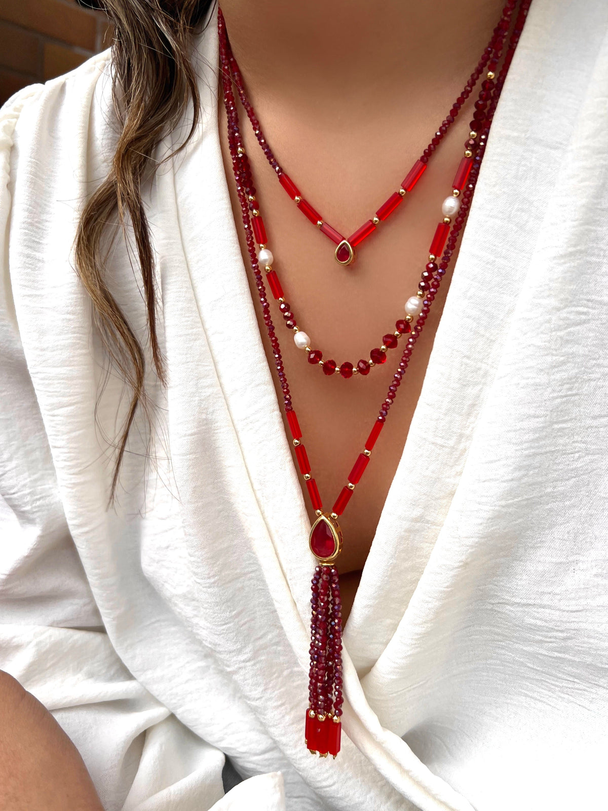 Mix De Colares Carol Cristais Lapidados Vermelho Cherry - Tiff Joias