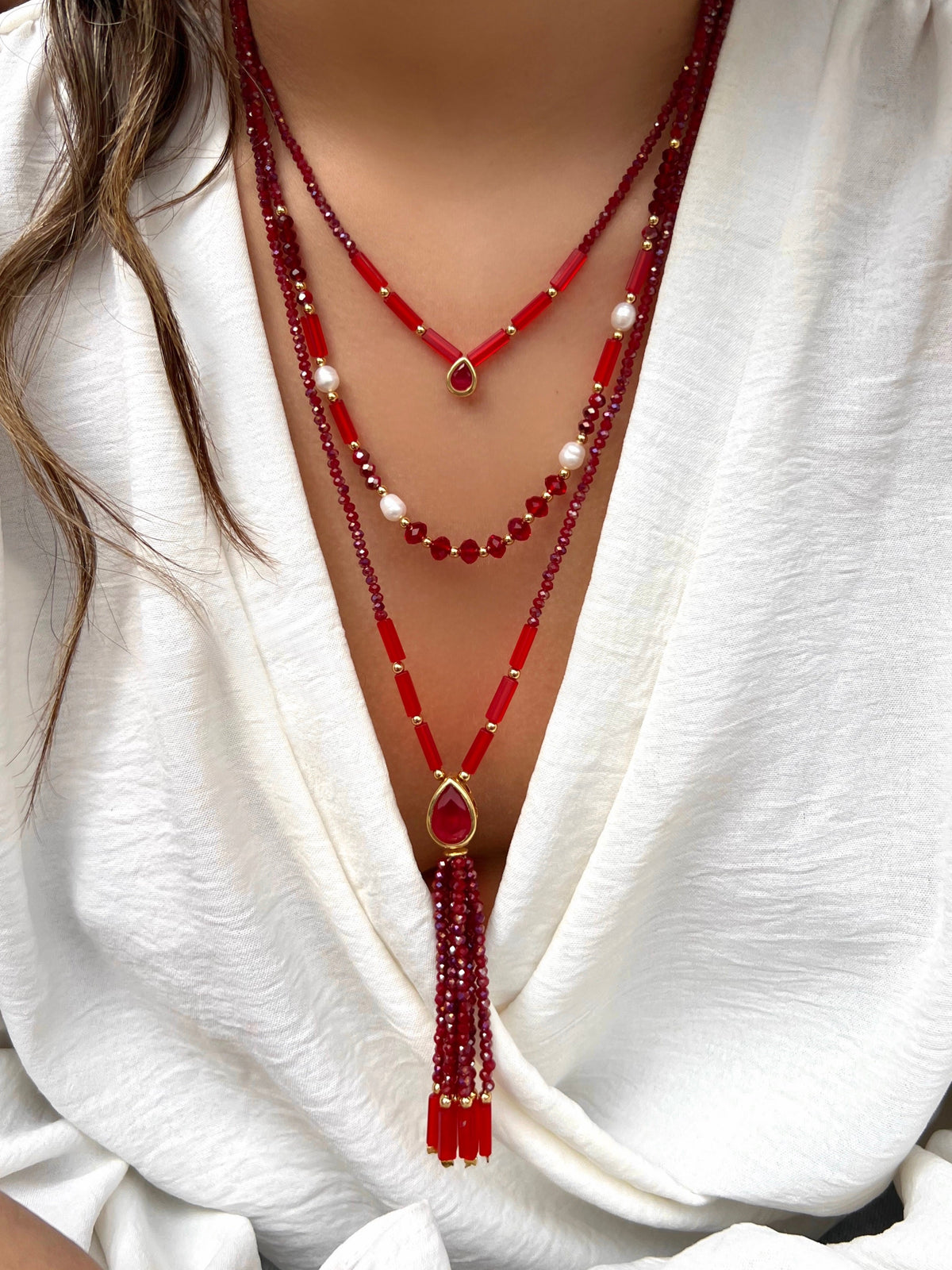 Mix De Colares Carol Cristais Lapidados Vermelho Cherry - Tiff Joias