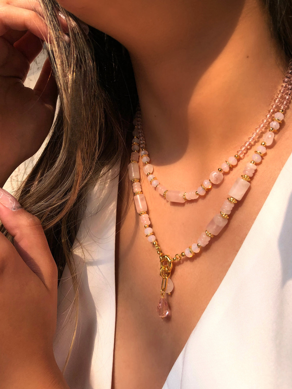 Mix De Colares Celina com Pedra Natural Quartzo Rosa - Tiff Joias