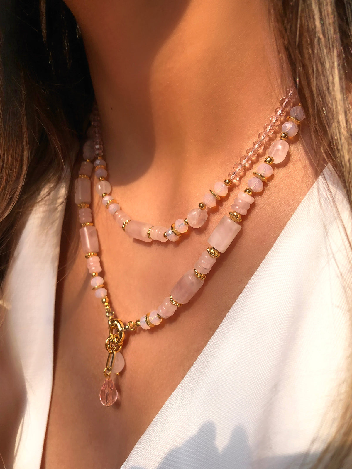 Mix De Colares Celina com Pedra Natural Quartzo Rosa - Tiff Joias