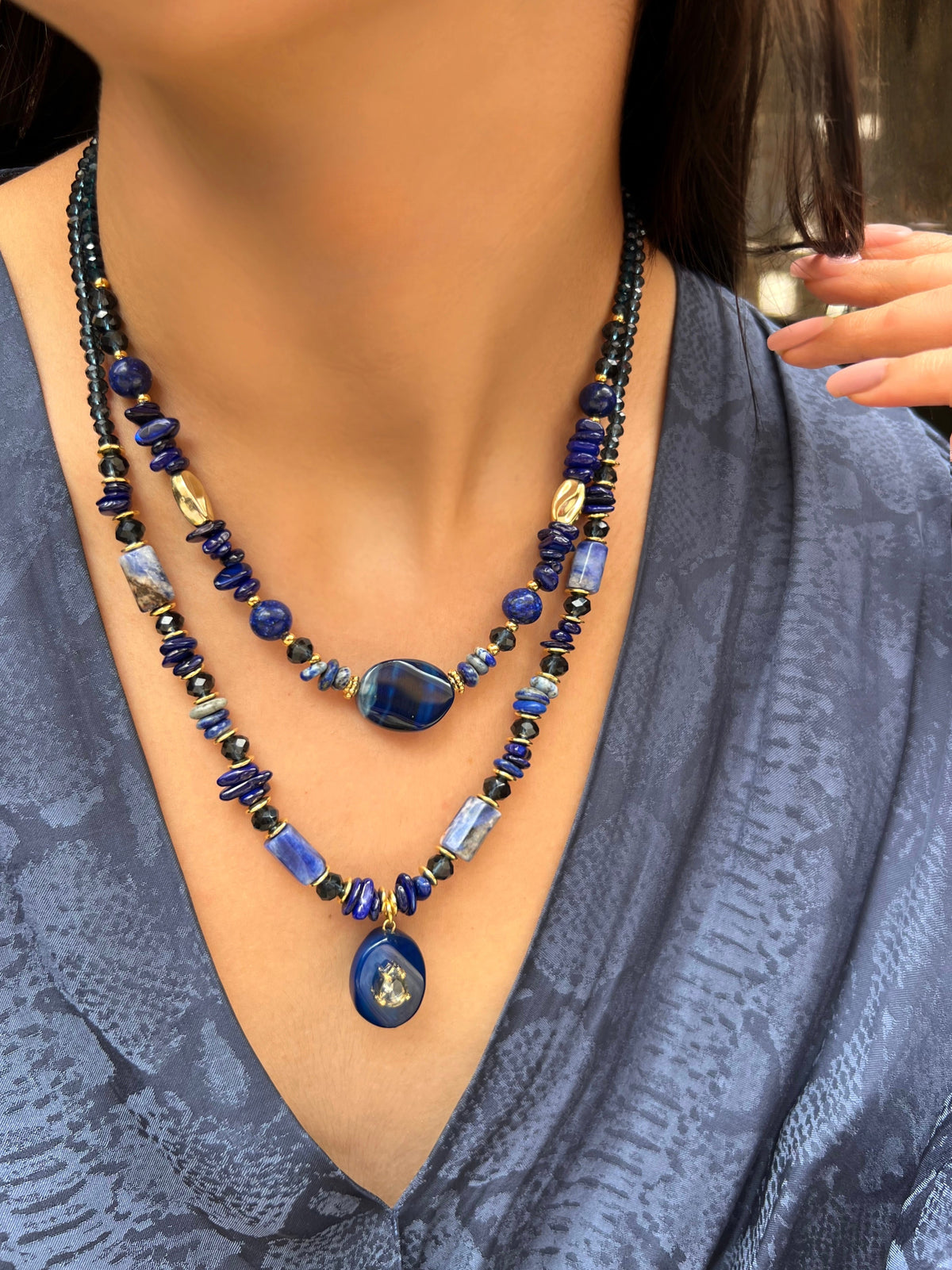 Mix De Colares Com Pedras Naturais Lapis Lazuli e Ágata Azul - Tiff Joias