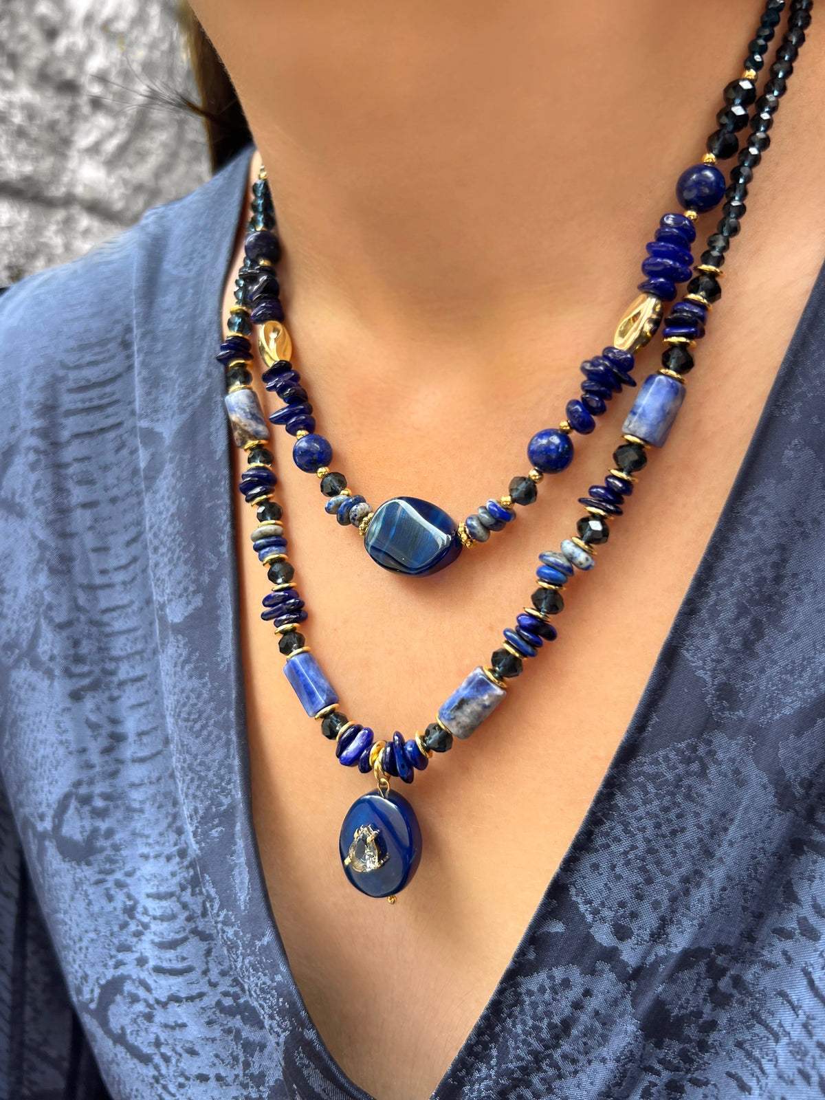 Mix De Colares Com Pedras Naturais Lapis Lazuli e Ágata Azul - Tiff Joias