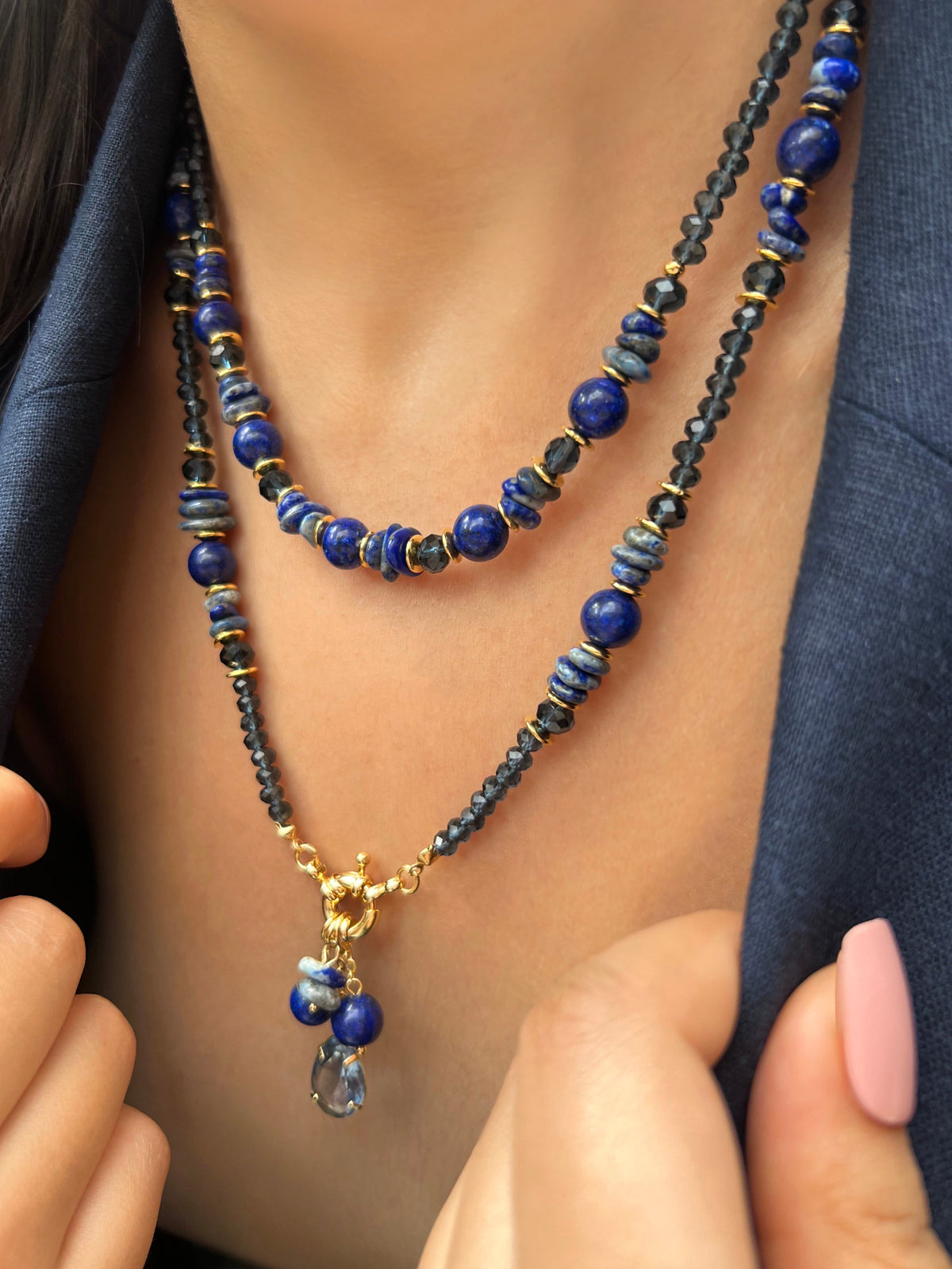 Mix De Colares Cristais Cor Montana e Pedras Naturais Lapis Lazuli - Tiff Joias