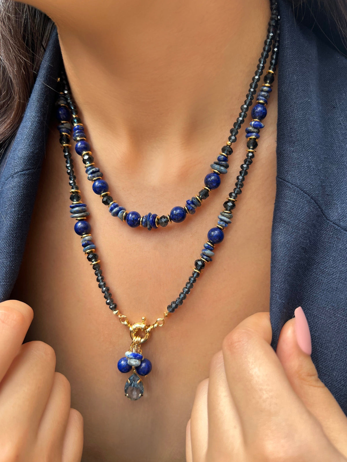 Mix De Colares Cristais Cor Montana e Pedras Naturais Lapis Lazuli - Tiff Joias