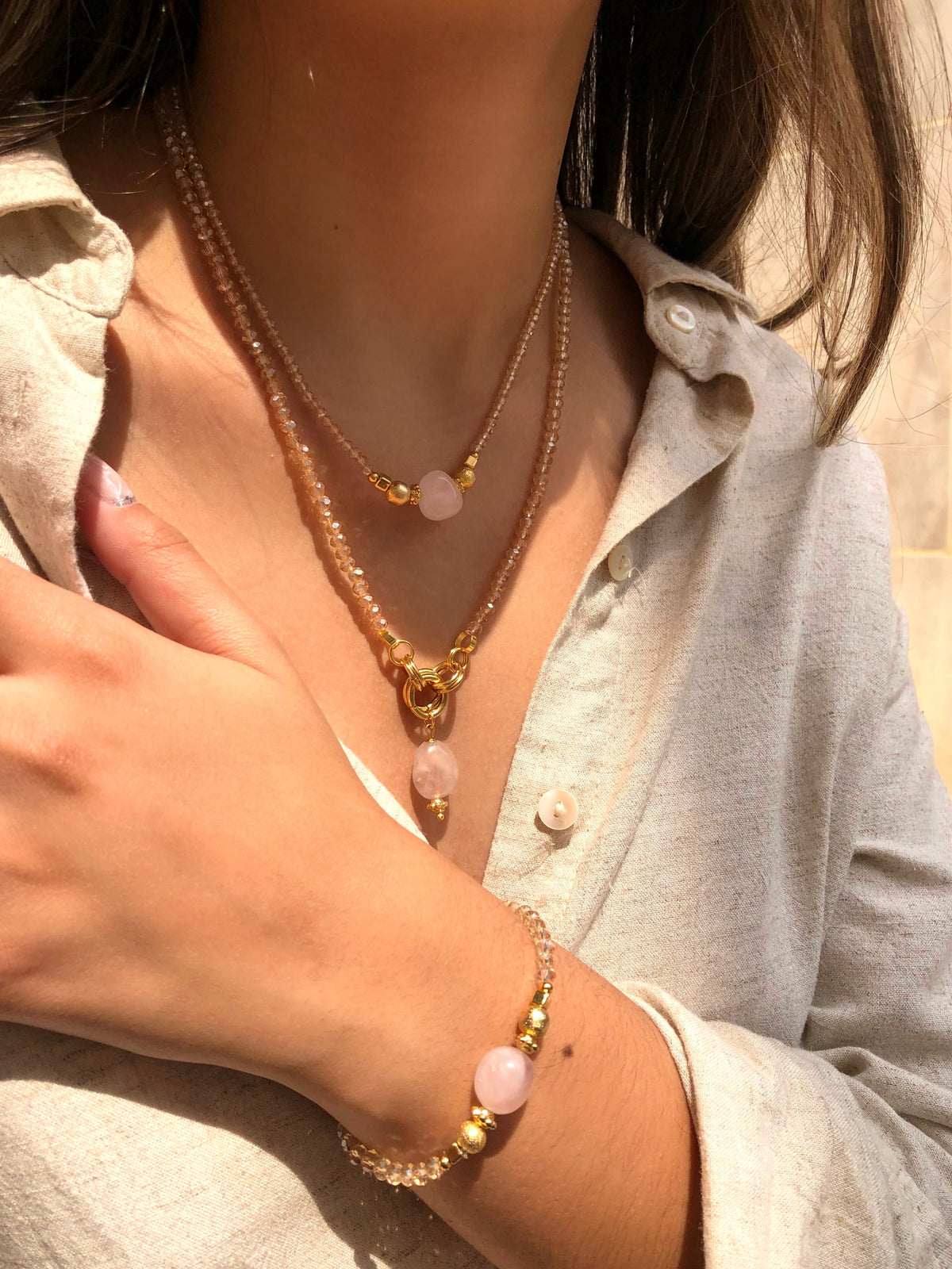 Mix De Colares Fernanda Pedra Rolada Quartzo Rosa - Tiff Joias