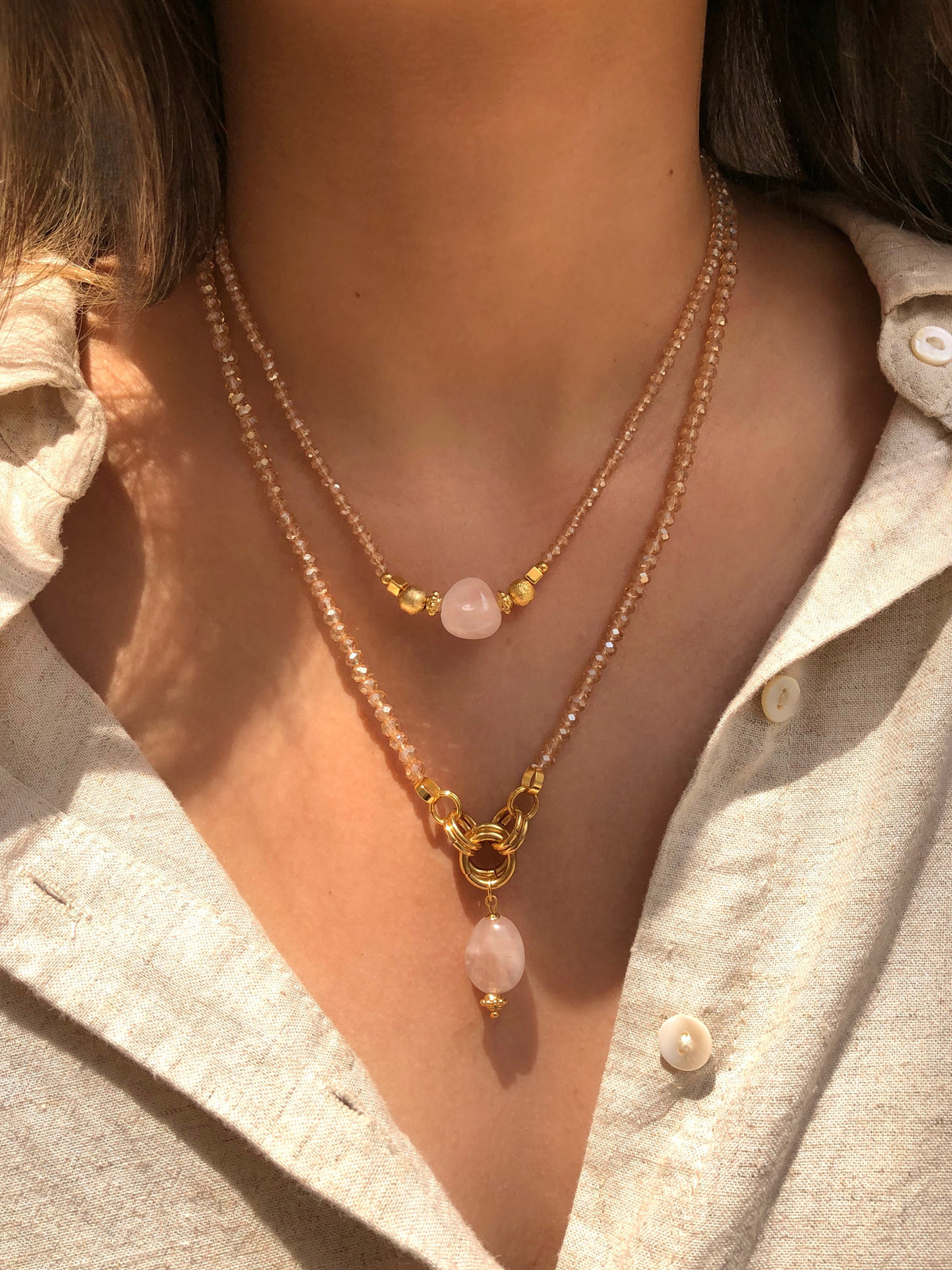 Mix De Colares Fernanda Pedra Rolada Quartzo Rosa - Tiff Joias