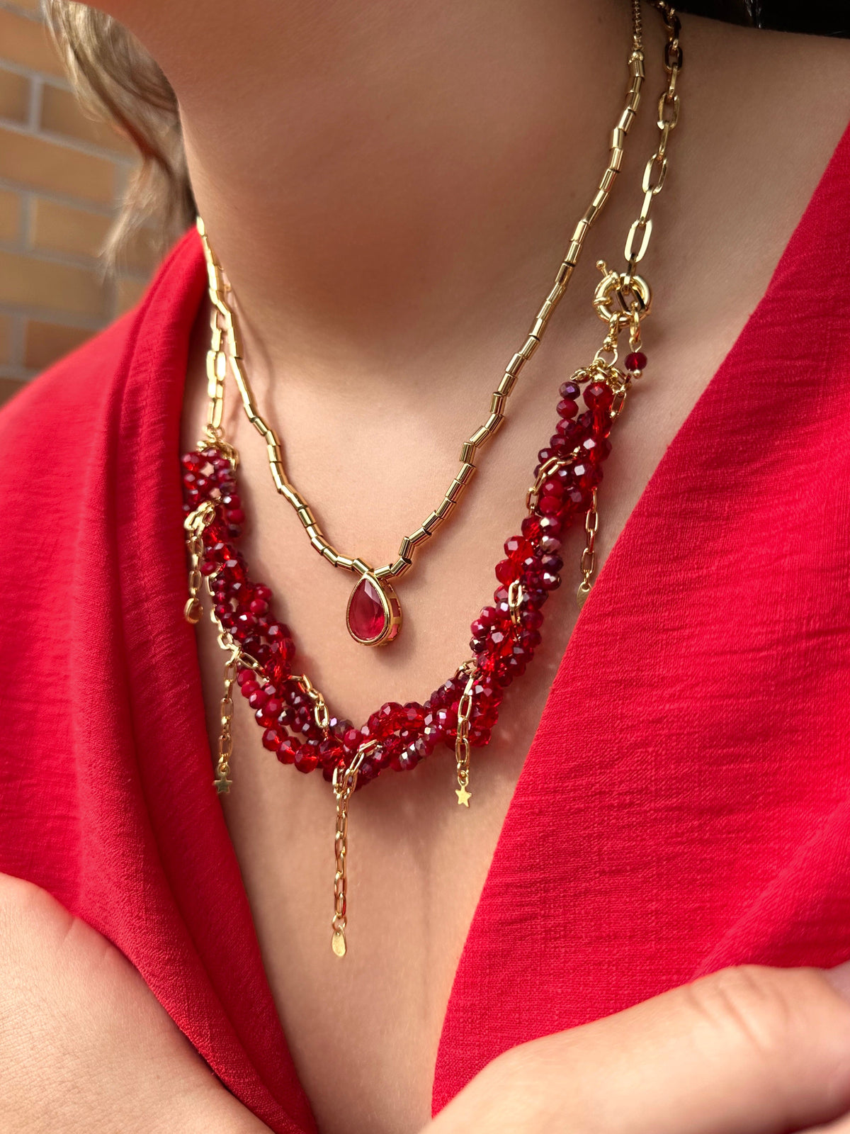 Mix De Colares Rebeca E Diana Cristais Vermelho Cherry - Tiff Joias