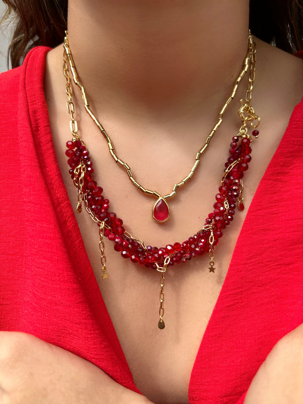 Mix De Colares Rebeca E Diana Cristais Vermelho Cherry - Tiff Joias