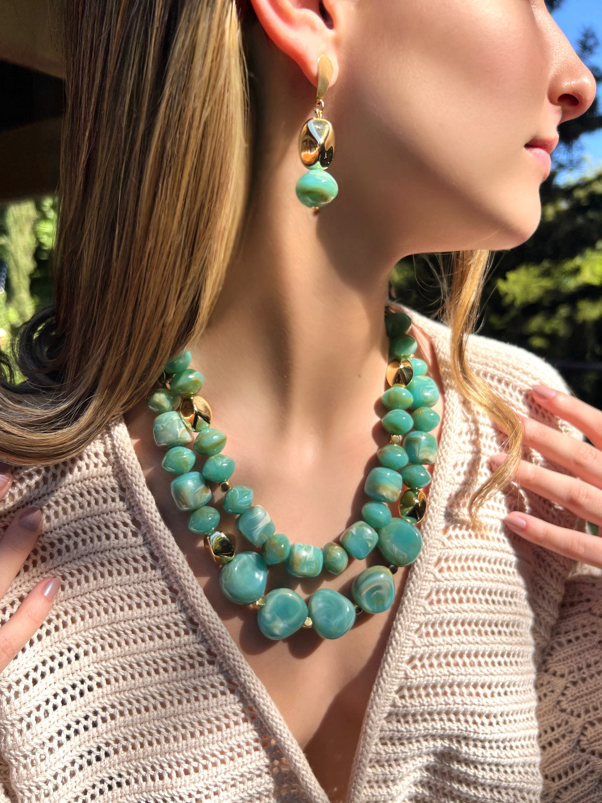Mix De Dois Colares Capri e Amalfi Pedras Orgânicas Cor Verde Pacífico 45cm - Tiff Joias