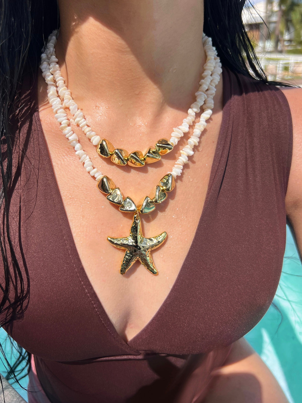 Mix De Dois Colares Linha Mar Com Estrela E Orgânicos Dourados - Tiff Joias