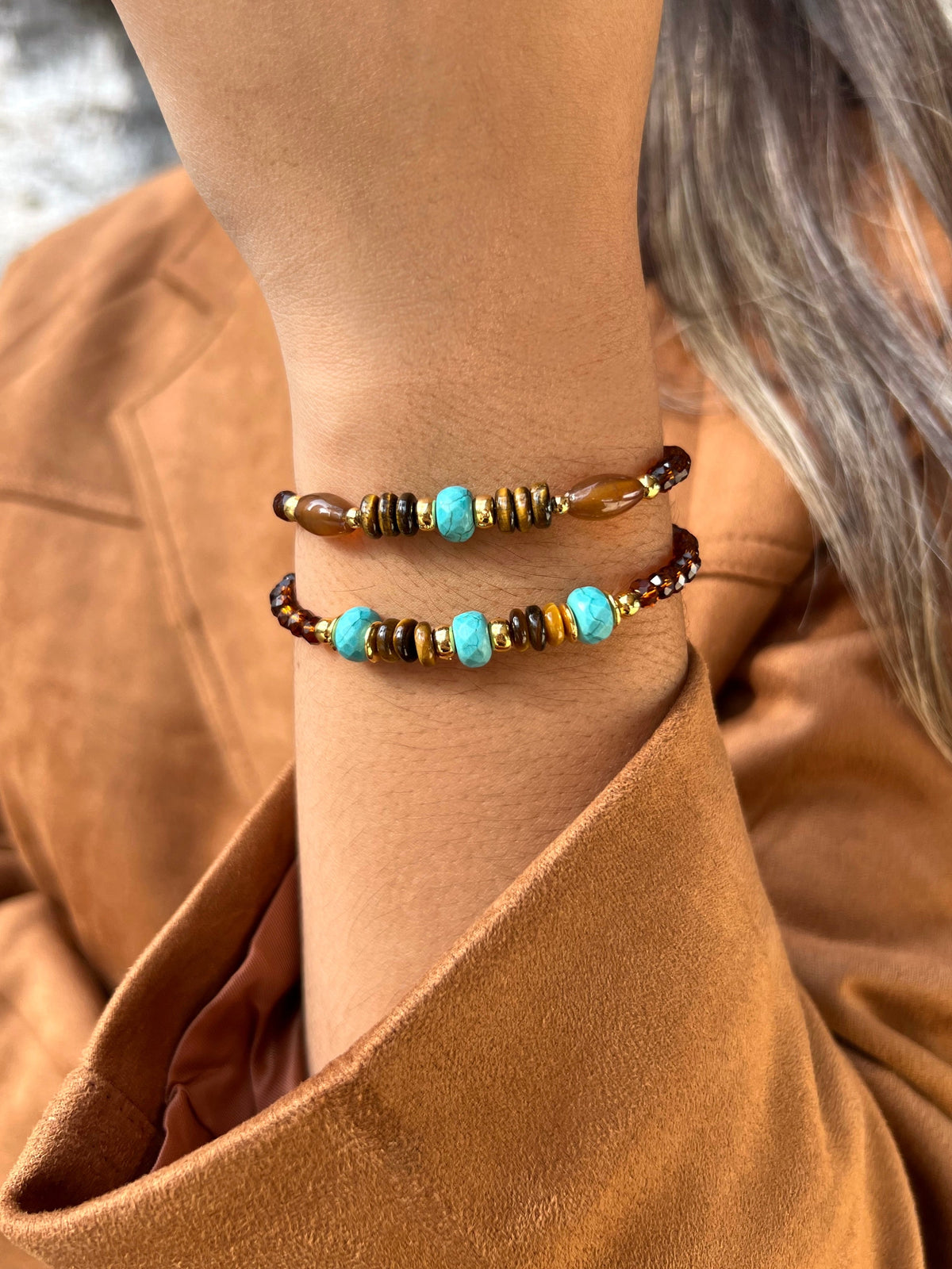 Mix De Duas Pulseiras Olho De Tigre e Turquesa - Tiff Joias