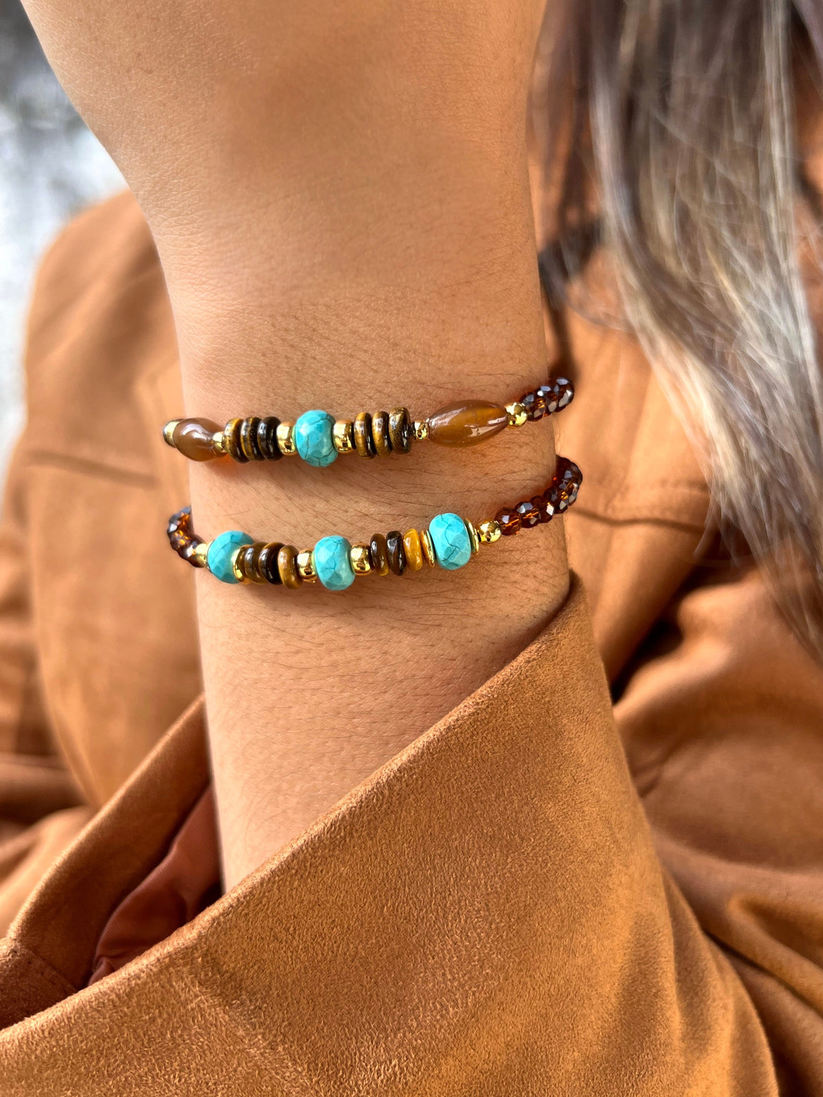 Mix De Duas Pulseiras Olho De Tigre e Turquesa - Tiff Joias