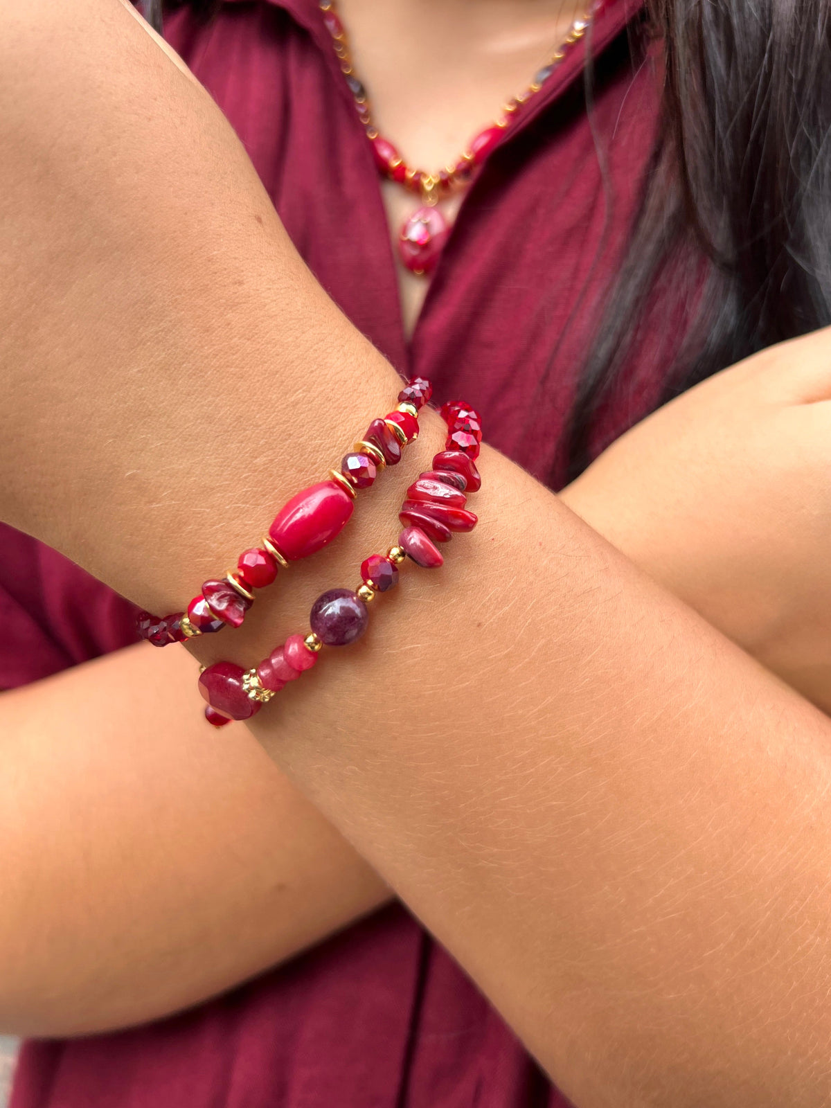 Mix de Duas Pulseiras Pedra Natural Jade Rubi Fecho Bóia - Tiff Joias