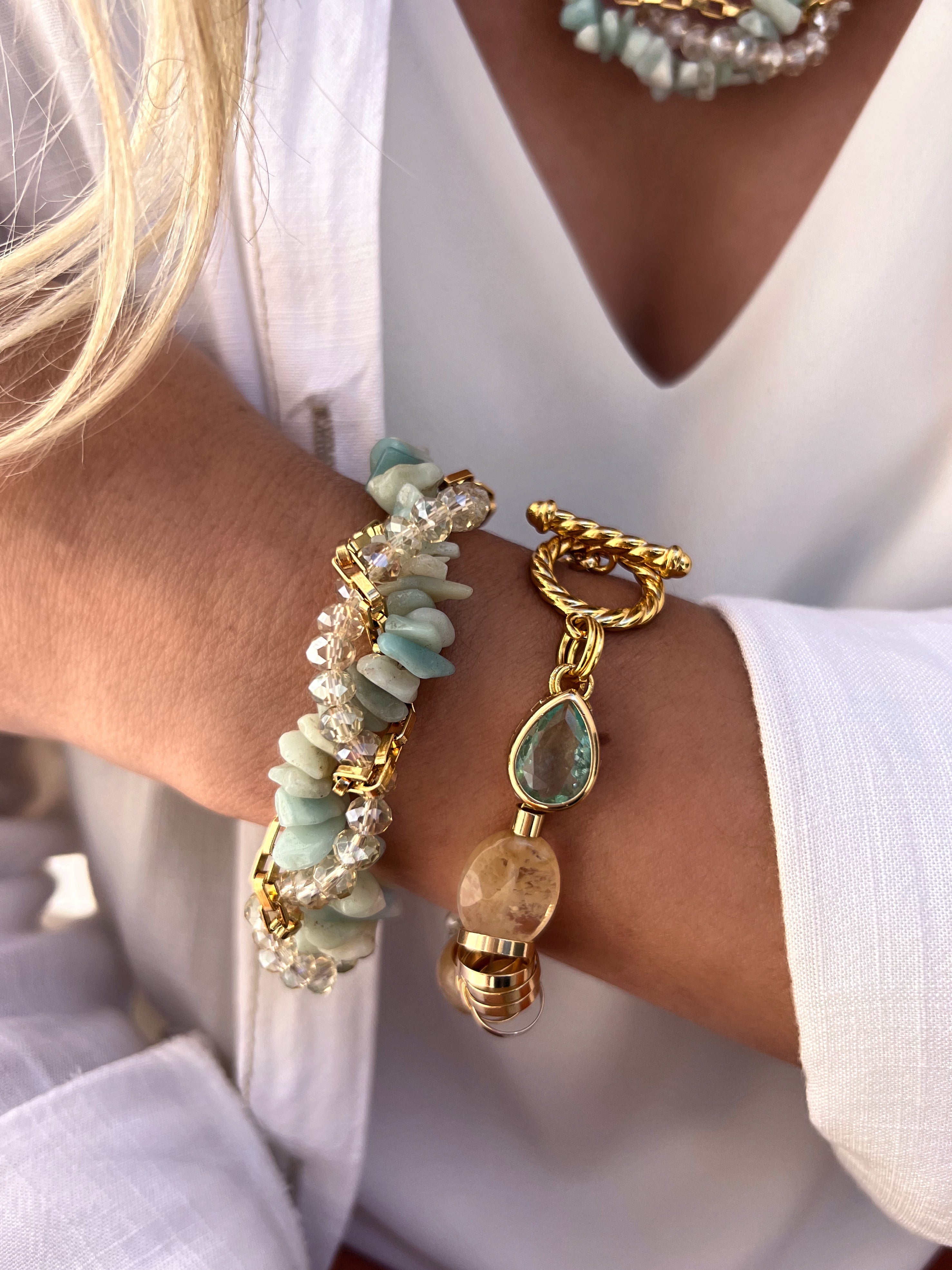 Mix De Duas Pulseiras Rebeca Cascalhos Amazonita - Tiff Joias