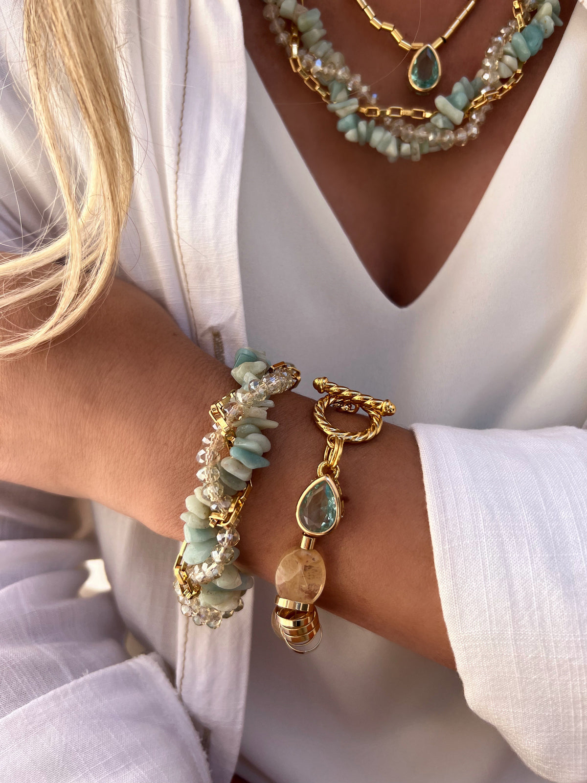 Mix De Duas Pulseiras Rebeca Cascalhos Amazonita - Tiff Joias