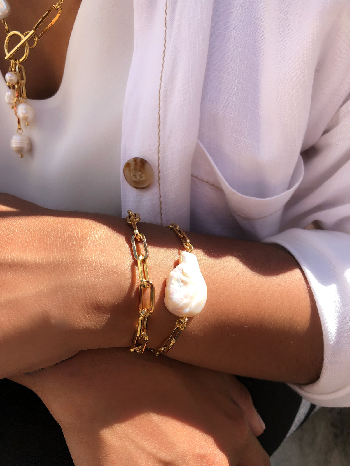 Mix De Pulseiras Elos E Perola Barroca - Tiff Joias