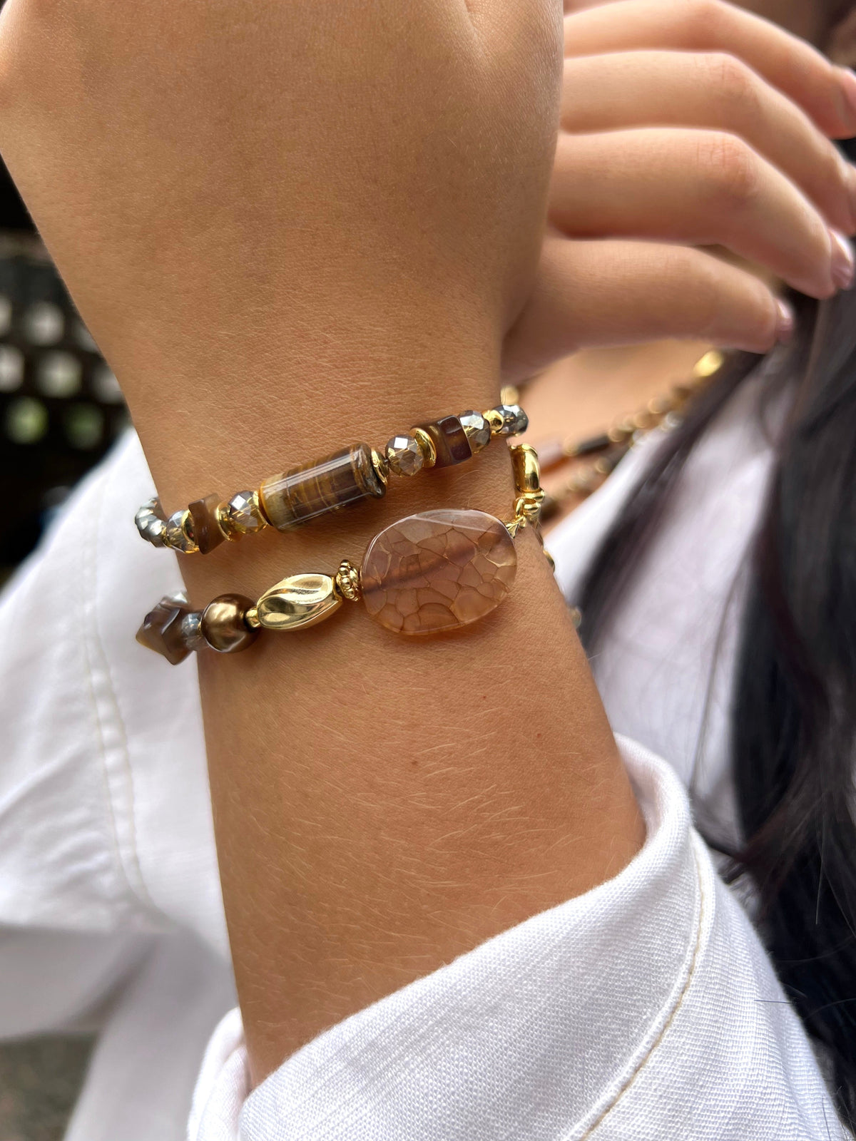 Mix de Pulseiras Pedra Natural Ágata Marrom Fecho Bóia - Tiff Joias