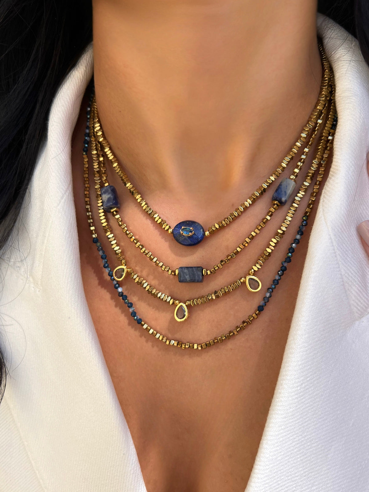 Mix De Quatro Colares Hematitas Com Lapis Lazuli e Sodalitas Naturais - Tiff Joias