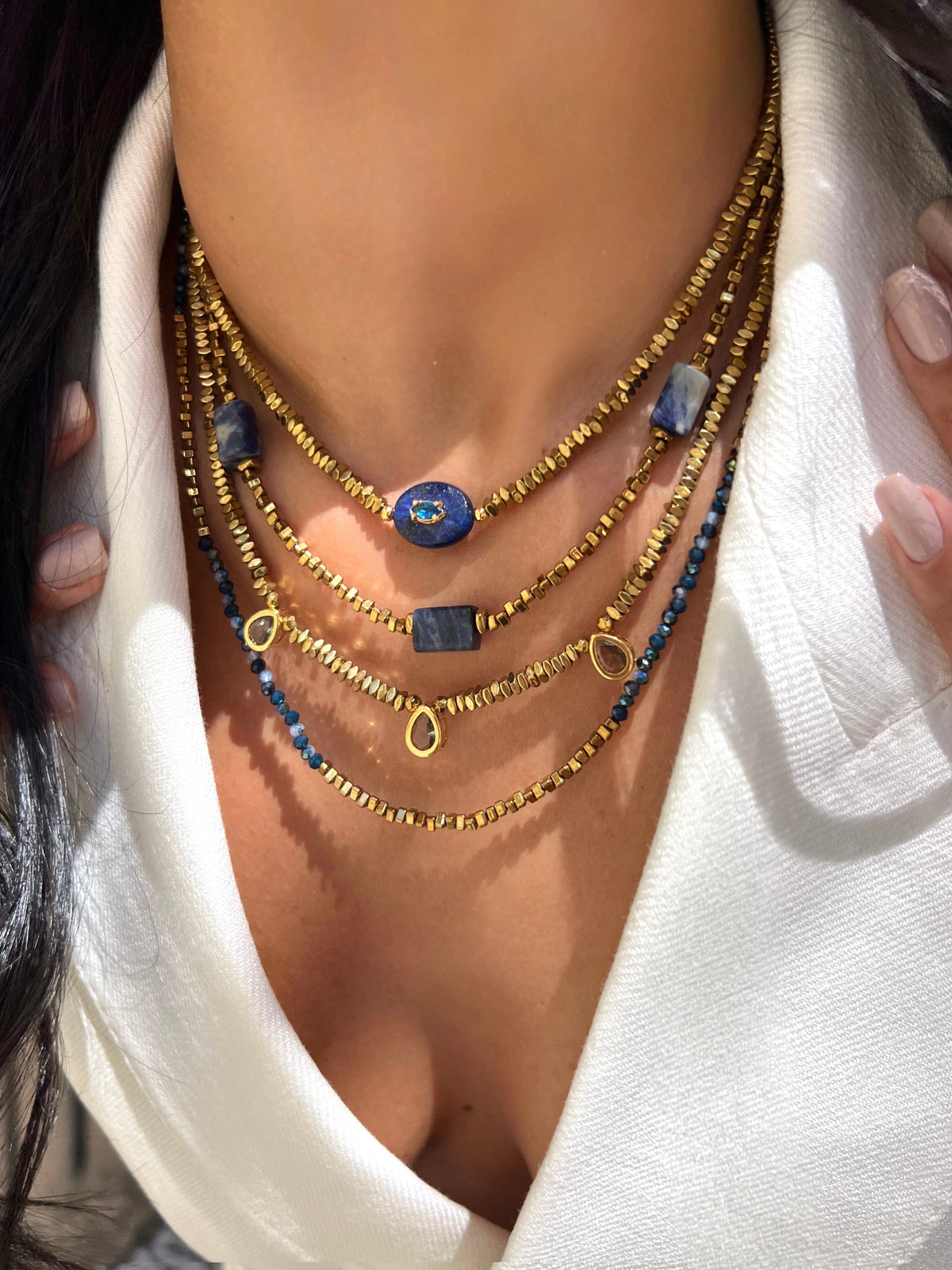 Mix De Quatro Colares Hematitas Com Lapis Lazuli e Sodalitas Naturais - Tiff Joias