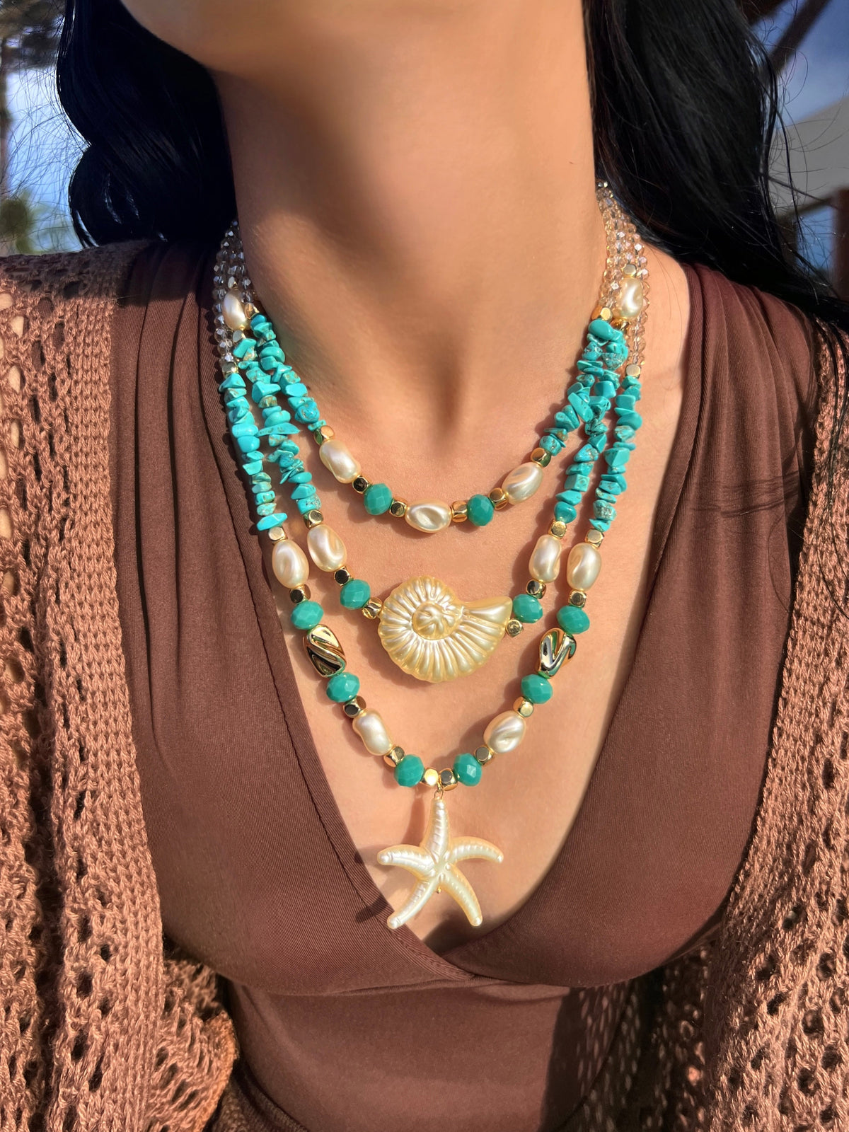 Mix De Três Colares Linha Mar Com Cascalhos Turquesa e Hematitas - Tiff Joias