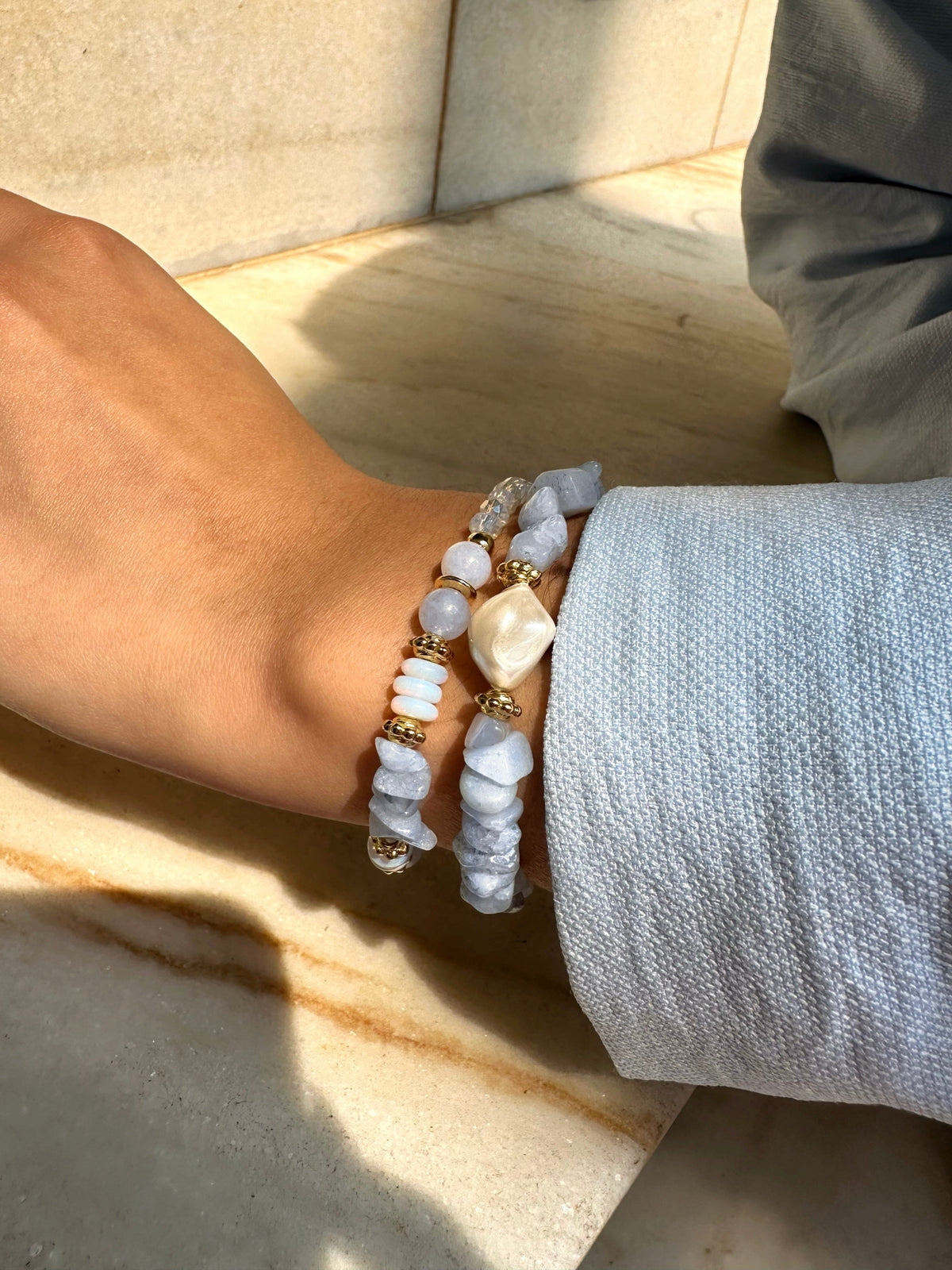 Mix Pulseira Manuela Jade Azul E Pérola Barroca Shell - Tiff Joias