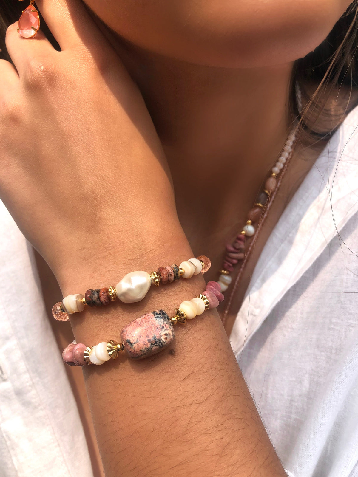 Mix Pulseira Stela Jaspe Leopardo E Pérola Barroca Shell - Tiff Joias