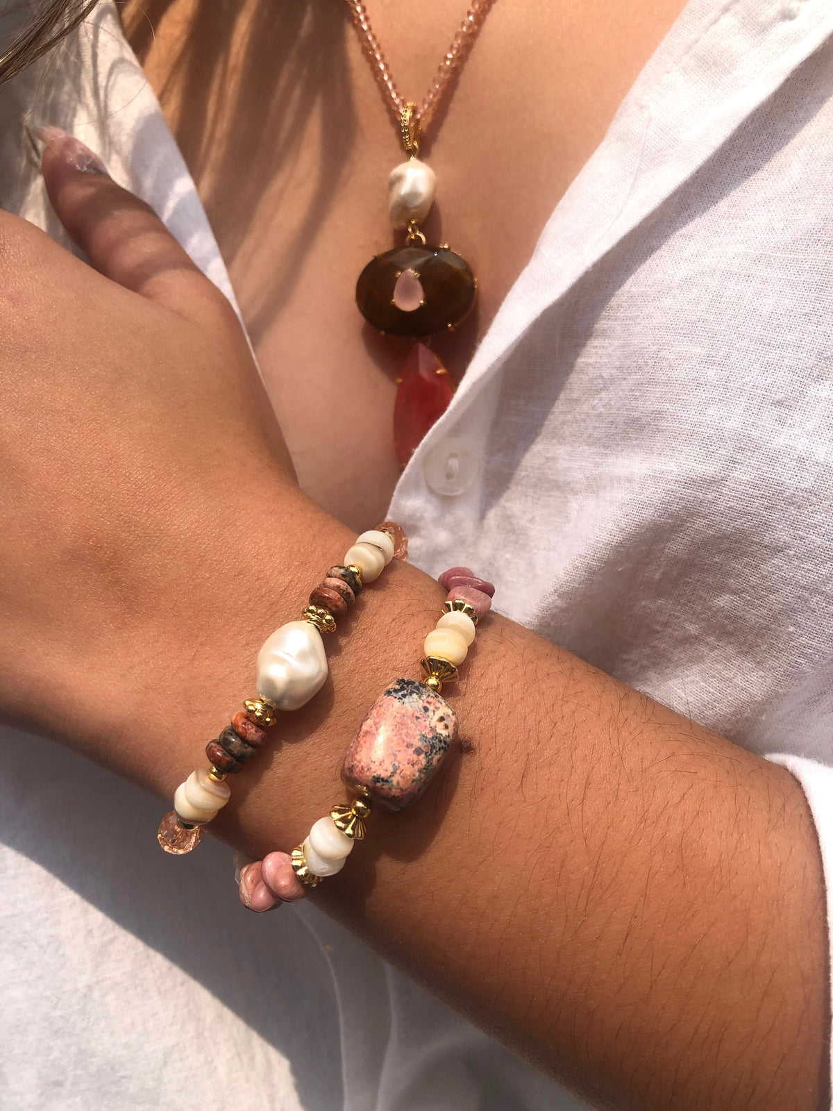 Mix Pulseira Stela Jaspe Leopardo E Pérola Barroca Shell - Tiff Joias